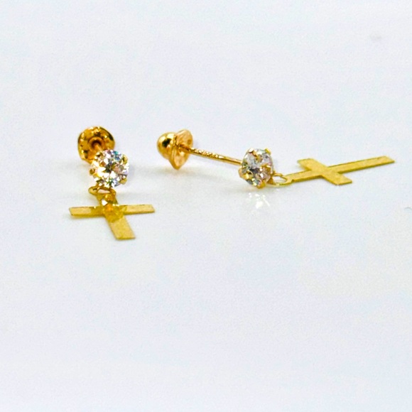 10k solid yellow gold dainty dangling cross earrings, free appraisal